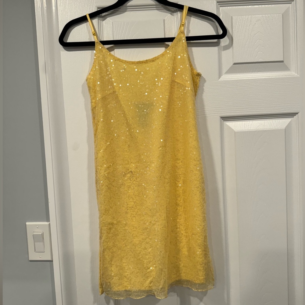 Women’s Yellow Mini Dress with Clear Sparkle Sequins! Size Small.